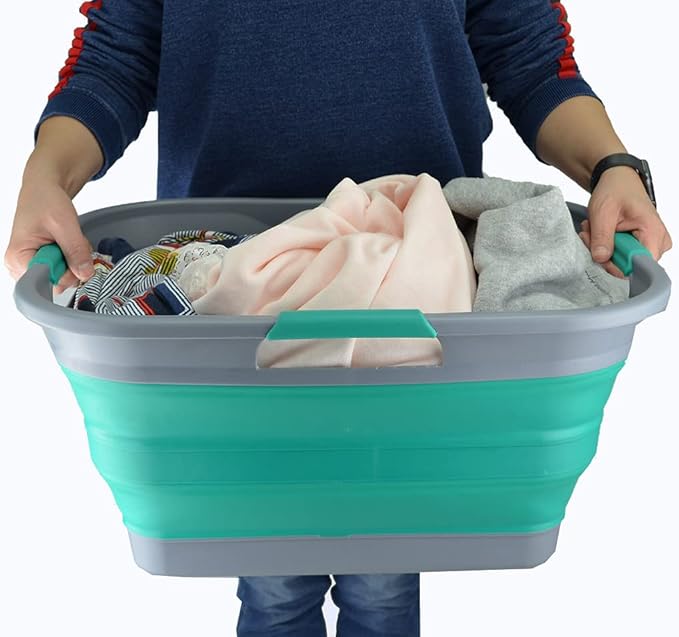 SAMMART 30L (8 gallon) Collapsible Plastic Laundry Basket - Foldable Pop Up Storage Container - Portable Washing Tub - Space Saving Hamper- Water Capacity 24L(6.3 gallon) (1, Dark Grey/Bluish-Green)
