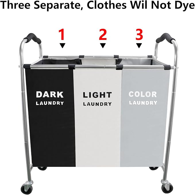 Laundry Sorter 3 Section, 240L Large Laundry Cart with Wheels 3 Hamper Laundry Sorter with Steel Frame and Removable Bag for Dirty Clothes in Laundry Room Bedroom