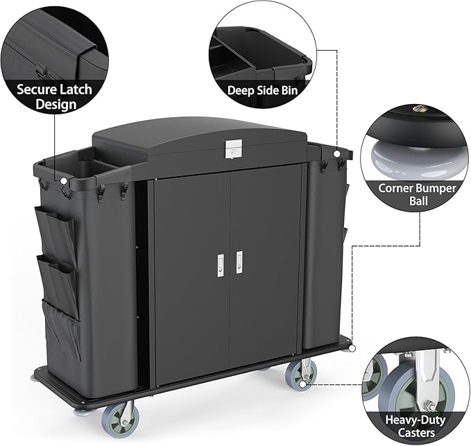 Heavy Duty Metal Housekeeping Janitorial Cart with Wheels,Silent Casters,Locking Large Capacity Cabinets,Cleaning cart for Housekeeping/Commercial Facility/Hotel/Stadium/School