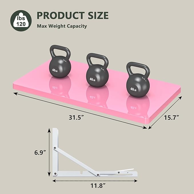 Clikuutory Wall Mounted High Gloss Folding Table, Wall Desk Fold Down for Small Spaces, Folding Workbench for Laundry Room, Home Office, Kitchen, Bedroom, Home Bar, Pink (31.5"×15.7")