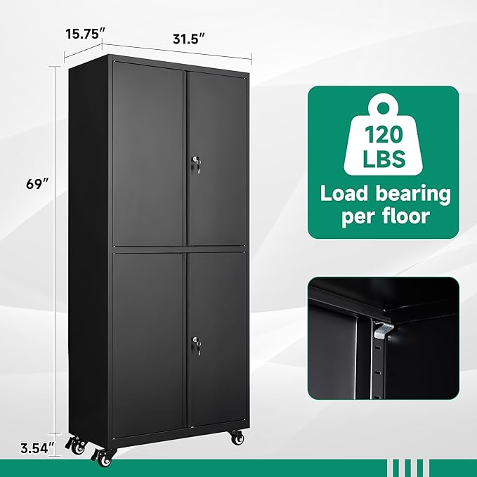Letaya Metal Garage Storage Cabinet with Wheels,Steel Tool Rolling Cabinets with Lock Door and Adjustable Shelves fro Home Utility Organization Room(1PC-Black)