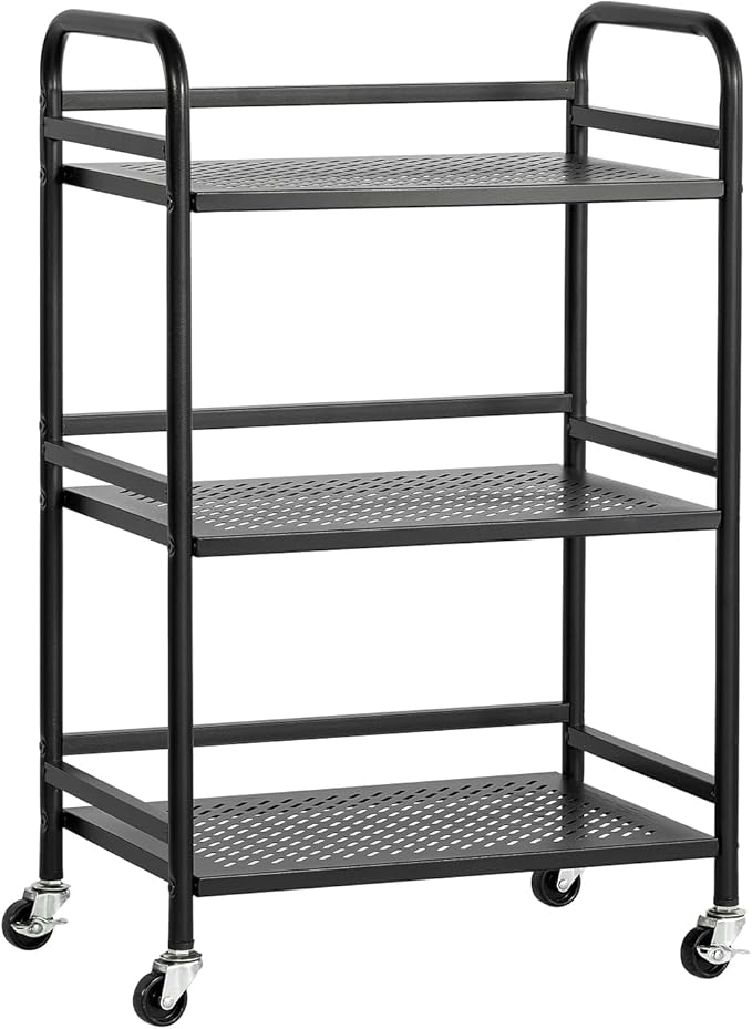 HDANI 3 Tier Rolling Cart,Heavy Duty Multifunctional Metal Frame-Supports 22 Lbs Per Tier,Mesh Rolling Cart with 2 Lockable Wheels for Office,Home,Bedroom,Kitchen,Bathroom,Black