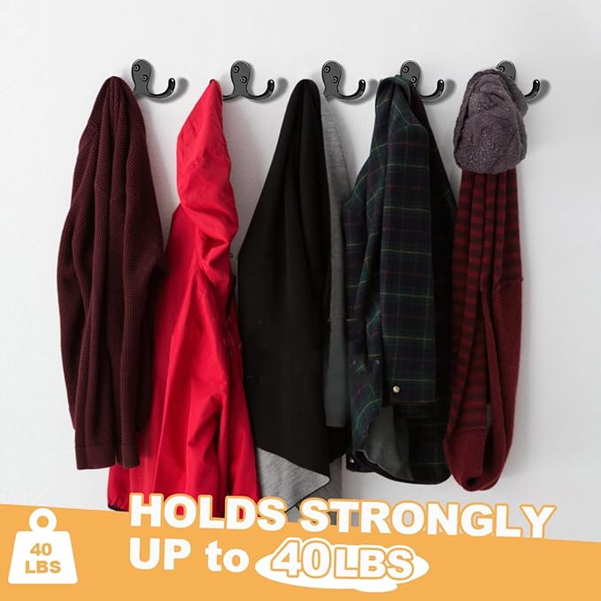 25 Pack Coat Hooks Wall Hooks for Hanging, Heavy Duty Double Prong Metal Hook Wall Mounted for Living Room, Bathroom, Kitchen, Bedroom for Coat, Bag, Scarf, Towel, Hat, Key, Cup (Black)