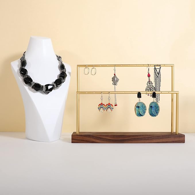 GemeShou wooden earring holder organizer for girls, walnut stud earring display stand for boutique store, jewelry storage organizer shelf【Walnut stand-Two Tiers】