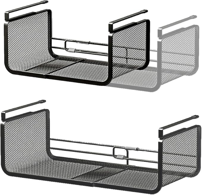 Expandable Under Shelf Basket Organizer, Under Shelf Storage, Hanging Baskets Under Cabinet for Pantry Kitchen Cupboard Desk Counter Bookshelf Space Saver Heavy Duty Slide-in (Black, 2 Pack)