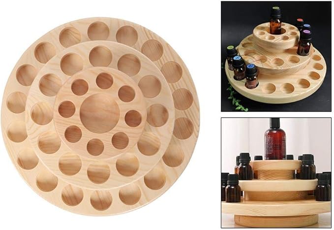 Hapivida Wooden Essential Oil Display Stand, 3-Tier 39 Slots Essential Oil Storage Box Round Rotating Case Holder Organizer Tray Essential Oil Bottle Holder Diffuser Holder Turntable