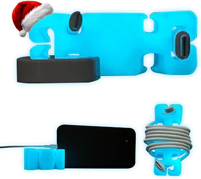GlowBrick Stocking Stuffers for Adults Cord Management Weighted Cord Holder Cable Wrap Phone Stand - Glow-in-The-Dark Gadget Organizer for Nightstand. Gift for Men, Silicone. Glowing Blue