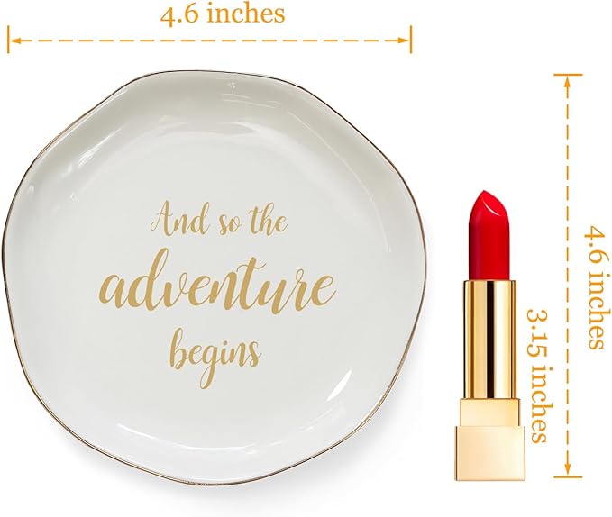 HOME SMILE And So The Adventure Begins Ring Dish-Inspirational Bridal Shower, Bachelorette Party, Engagement Wedding Gifts, Congratulation Present for New Chapter,Ceramic White