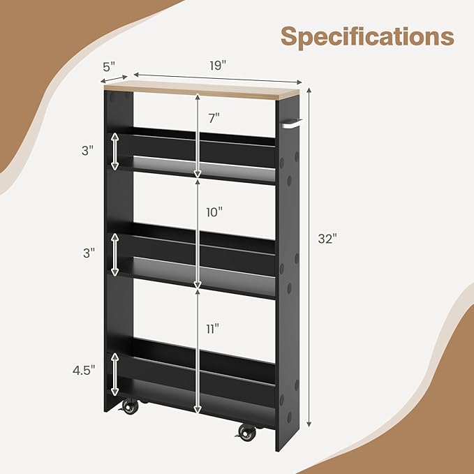 Slim Storage Cart, 4 Tier Rolling Storage Cabinet with 4 Universal Wheels, Convenient Handle, Narrow Laundry Cart for Small Space Bathroom Office