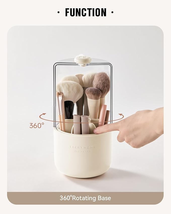 EACHY Makeup Brush Holder 360° Rotating with Dustproof Lid, Waterproof Material, 7 Compartments for Organized Storage, Stylish and Durable Design for Vanity (Beige)