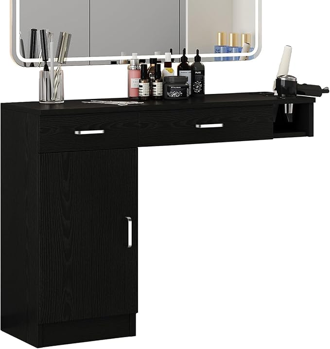 4ever2buy Salon Stations for Hair Stylist, Wall Mount Barber Station with Barber Cabinet, Hair Station Equipment Hair Dryer Holder, Drawers, Mirror not Included, Black