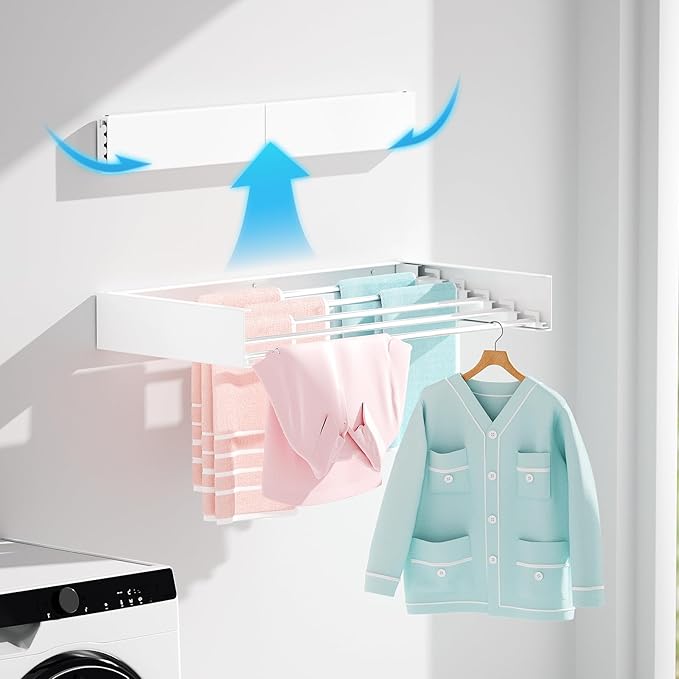 Wall Mounted Clothes Drying Rack, Extending Laundry Rack, Wall Mount Laundry Drying Rack Folding Indoor, 60lbs Capacity (5 Drying Rods, White 31.5")