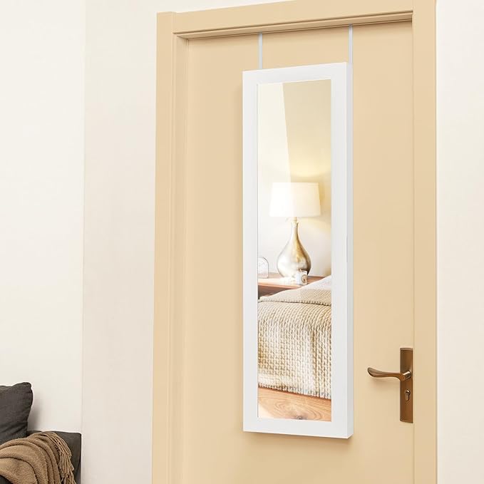 COSTWAY Full Length Mirror Jewelry Cabinet, Wall Door Mounted with Makeup Mirror, Ring Slots & Necklace Hooks, Large Storage Jewelry Armoire for Bedroom, Dressing Room (White)