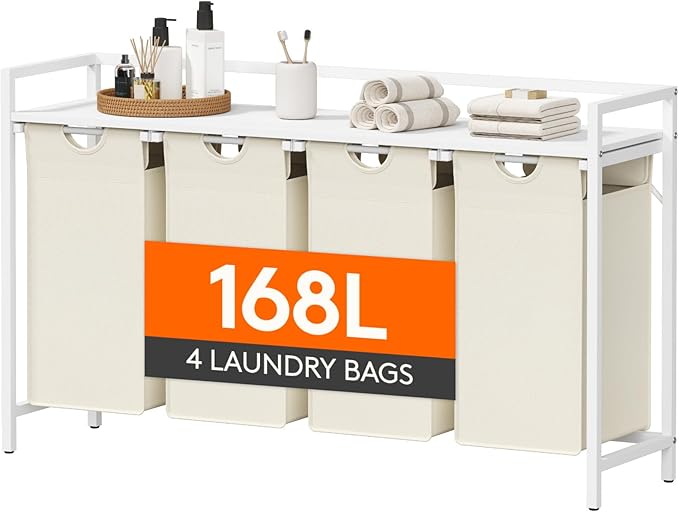 Lifewit Laundry Hamper 4 Section, 168L Pull out Laundry Clothes Basket Organizer with Large Top Shelf and 4 Removable Bags and Handles, Laundry Sorter for Laundry Room Bedroom Bathroom, White