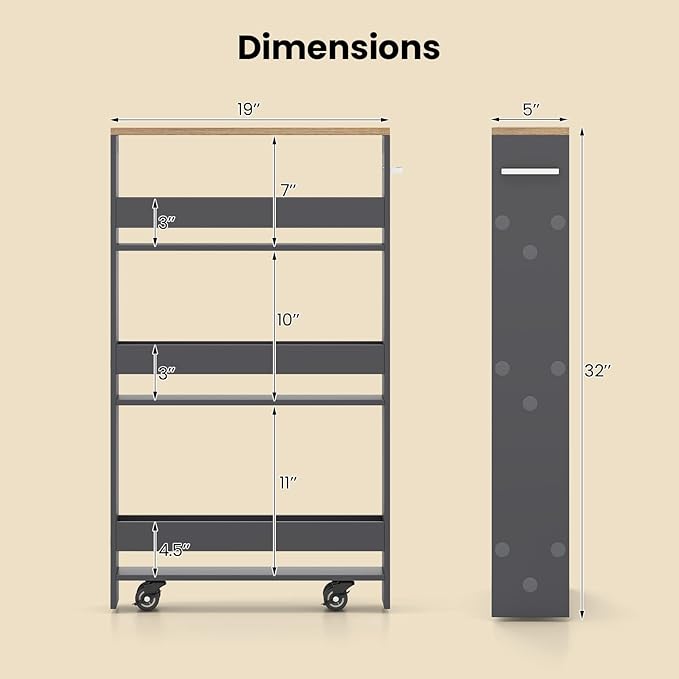 Small Kitchen Cart, 4-Tier Slim Rolling Island w/Handle, Laundry Room Storage Organizers Between Washer and Dryer, Narrow Spice Rack on Wheels Next to Fridge (Gray, 5'')