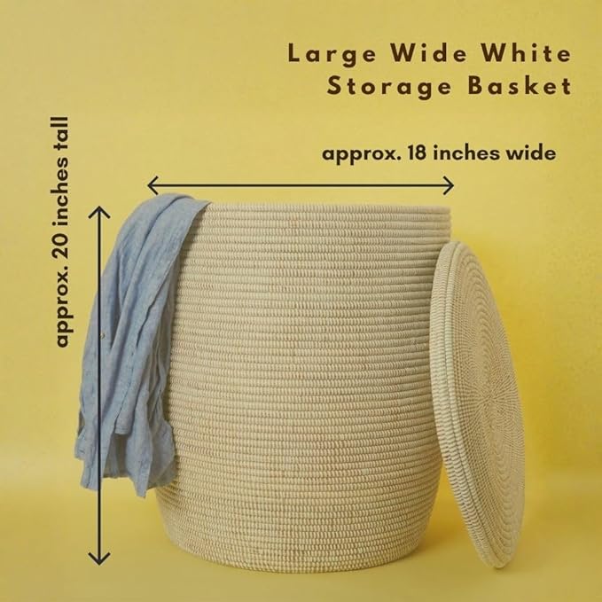 Storage & Organization, Decorative Wicker Baskets for your Home, Laundry Hamper, Baby Nursery Toys Bin, Living Room Blankets Storage, Towels Holder, Wicker, Woven, Lid, Wide, White (Large)