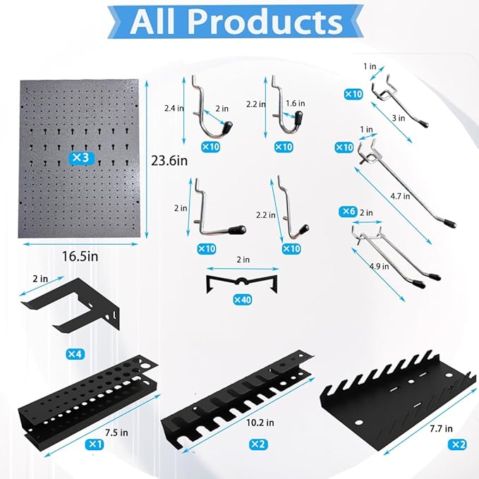 JZD 115 PCS Metal Pegboard Wall Organizer 3 Packs Metal Pegboard Kit 66x24 Inch Pegboard Panels Tool Organizer Kit with Accessories Hooks for Garage, Tool Storage,Craft Room