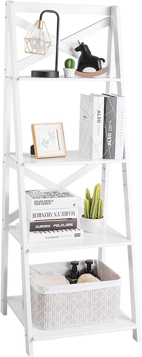Tangkula 4-Tier Ladder Shelf Bookcase Leaning Free Standing Wooden Frame Decor Bookshelf Storage Flower Shelf Plant Display Shelf for Home Office (White, 2)
