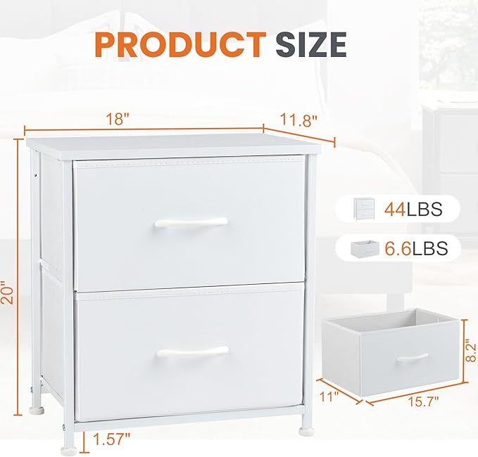 DUMOS Small Night Stand Set of 2 Fabric Drawer Dressers Short Bedside Tables for Room Organization Closet College Dorm Entry Storage 20 Inch Height Furniture,White