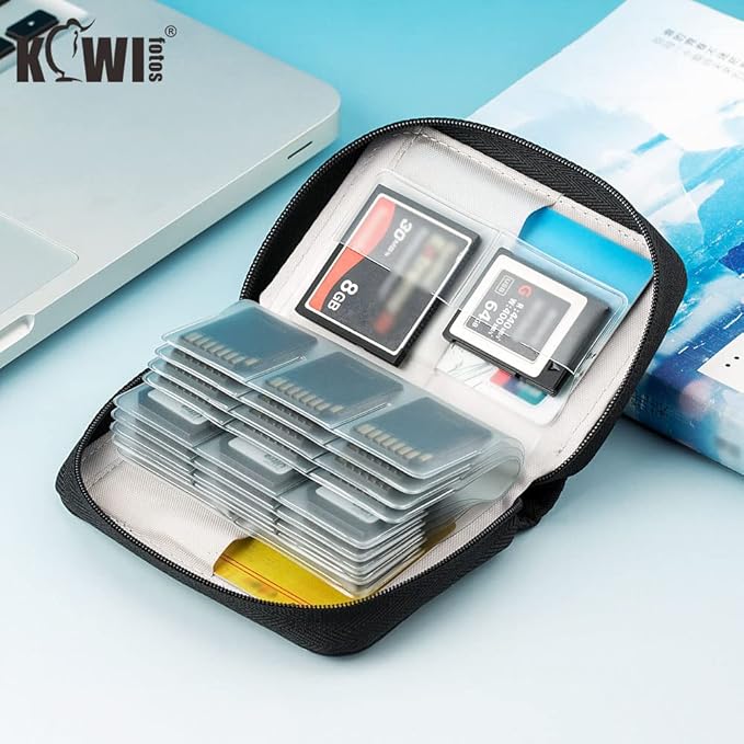 AWS Memory Card Case Holder: 28 Slots for 24 SD SDXC SDHC + 4 CF XQD - Portable Organizer with Labels - Grey