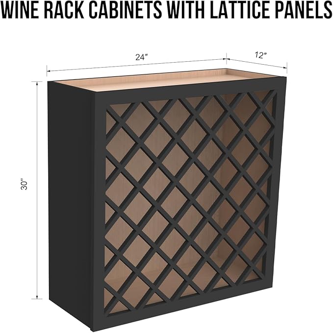 Solid Wood RTA Wine Bottle Rack Wall Cabinet with Lattice Panels - Bottle Holder Storage for Bar, Pantry, or Wine Cellar - Mocha finish Countertop Solution (Charcoal Black, 24'W 12'D 30'H)