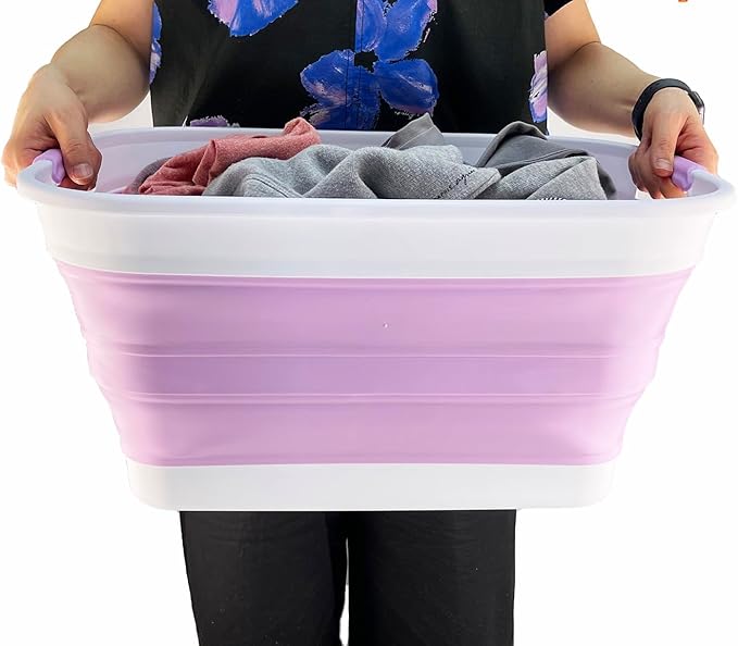 SAMMART 27L (7.1 Gallons) Collapsible Plastic Laundry Basket with Handle-Foldable Pop Up Storage Basket with handle (2, Ceramic Blue+Pale Purple)
