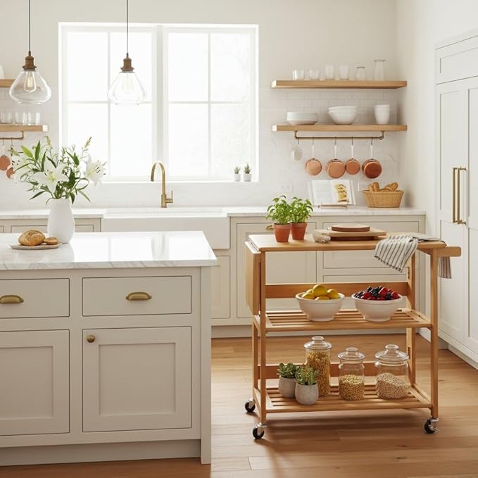 Foldable Kitchen Cart, Brown Solid Wood, Open Utility Cart, Serving Trolley on Wheels, Compact Storage, Adjustable Shelf
