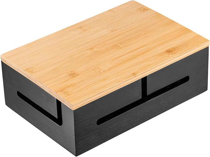 Bamboo Cable Management Box with Magnetic Lid & Ties - Elegant, Durable Cable Organizer to Hide Cords & Power Strip - Wall Mountable Box Hider for Home, Office, Desk & More (Black)