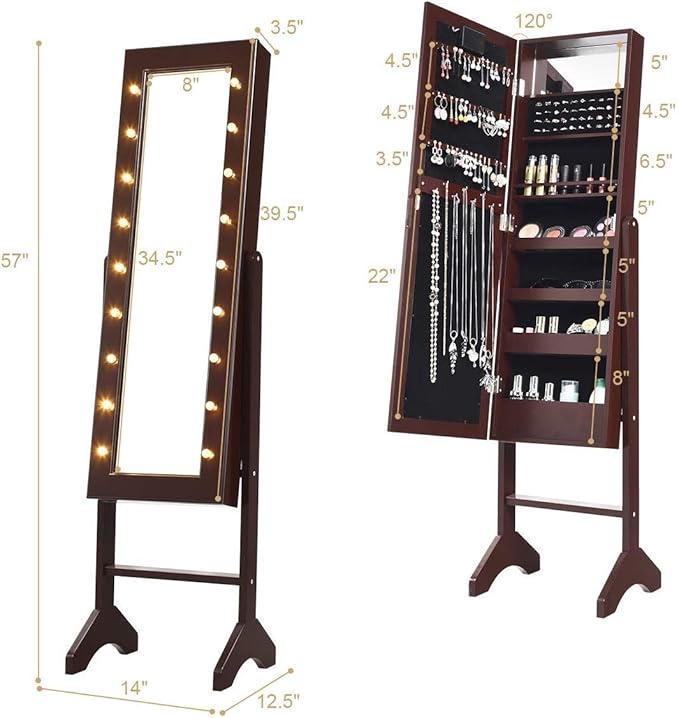 Giantex Standing Jewelry Armoire with 18 LED Lights Around the Door, Large Storage Mirrored Jewelry Cabinet with Full Length Mirror, 16 Lipstick Holders, 1 Inside Makeup Mirror (Brown)