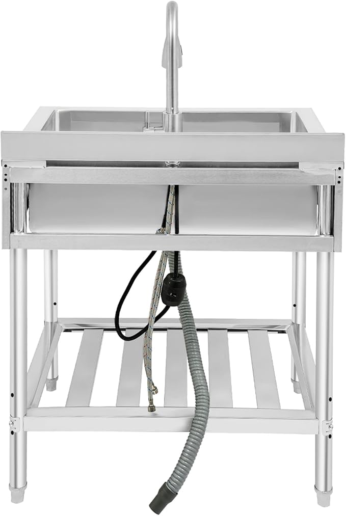 Stainless Steel Utility Sink, Free Standing Single Bowl Kitchen Sink with Pull-Out Cold/Hot Faucet, Storage Shelf & Splashback, Large Utility Sinks for Laundry, Garage 30.7"D x 22"W x 40.3"H Silver