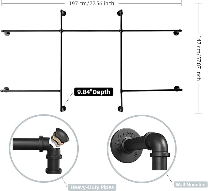 Industrial Pipe Clothes Rack Wall Mounted Clothing Rack,Heavy Duty Iron Pipe Garment Rods,Detachable Multi-Purpose Clothing Hanging Rod/Garment Bar, Black