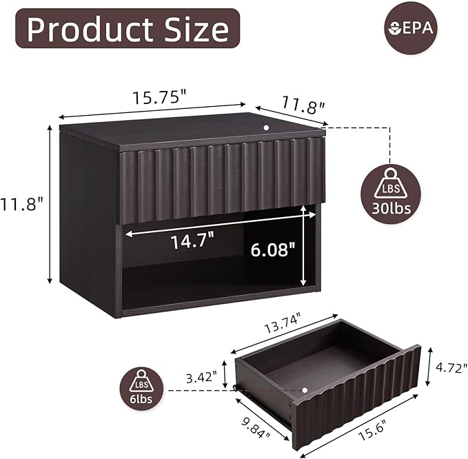 Floating Nightstand with Fluted Drawer - Modern Wall Mounted Bedside Table with Open Storage Shelf, Small Night Stand TV Stand for Bedroom(Espresso)