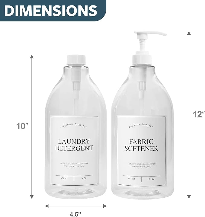 Calindiana Modern Farmhouse Liquid Laundry Detergent and Fabric Softener Dispenser for Laundry Room Decor and Organization, PET Plastic Landry Soap Containers with Water Resistant Labels, Clear 64oz