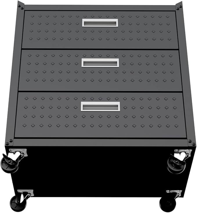 Manhattan Comfort Fortress 31.5-Inch Rolling Garage Tool Chest, 3-Drawer Lockable Mobile Storage Cabinet, Diamond-Textured Steel Utility Organizer with Wheels for Basement, Workshop in Charcoal Grey