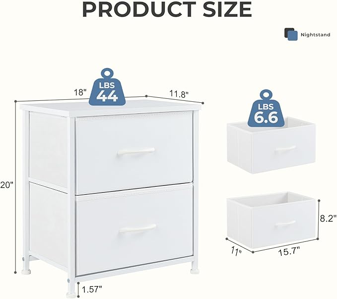 DUMOS Nightstand Small Dresser with 2 Fabric Drawers Side Tables Bedroom End Table Kids Bedside Storage Furniture for 20 inch Tall Night Stand for Closet, Entryway, College Dorm, White(2 Pack)
