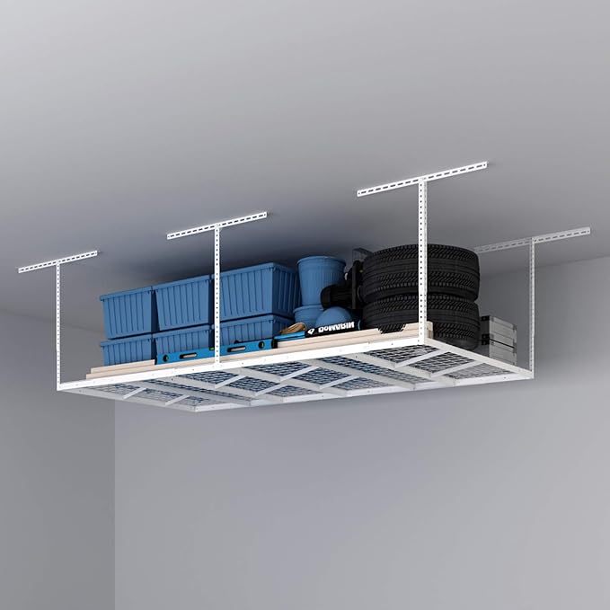 FLEXIMOUNTS Pro 4x8 Overhead Garage Storage Rack,Adjustable Storage Organization System, Heavy Duty Metal Ceiling Storage Racks, 800lbs Weight Capacity, White, Pro Series