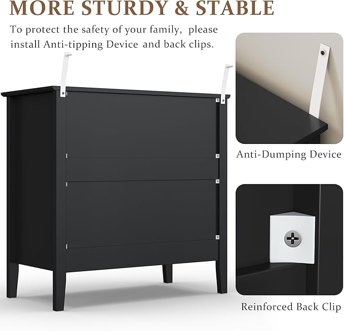 RoyalCraft Large 3 Drawer Dresser Set of 2, Fluted Chest of Drawers with Storage, Modern Painted 30 inch Tall Nightstand for Bedroom Living Room Entryway, Black