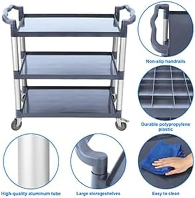 3-Tier Plastic Service Utility Cart with Wheels, Heavy Duty 3-Shelf Rolling Utility/Push Cart for Foodservice/Commercial/Restaurant/Office/Kitchen/Hotel, Grey