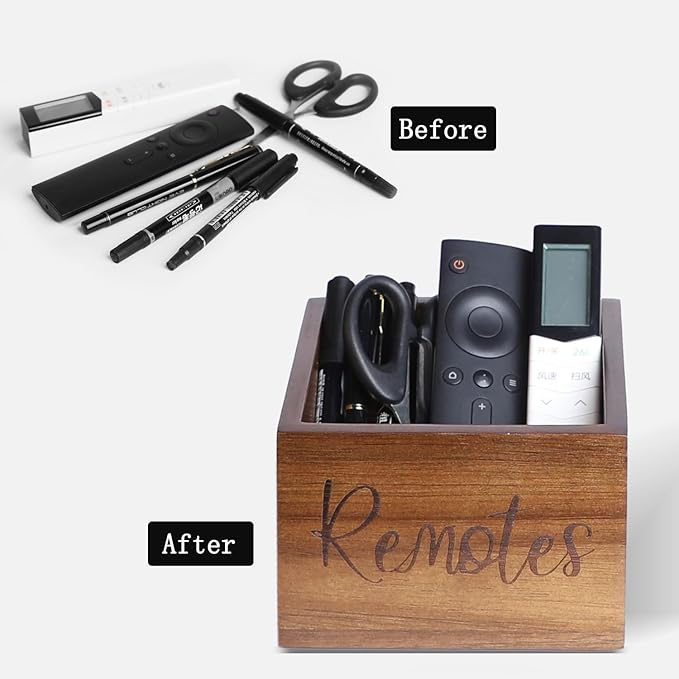 Acacia Wood Remote Control Holder Caddy, TV Organizer for Table, Vintage Farmhouse Desk Caddy (Brown for 3+ Controls)