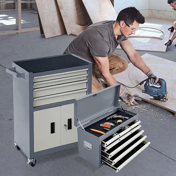 13-Drawer Double Doors Handle Rolling Tool Chest, 2 in 1 Detachable Rolling Tool Chests, Large Tool Boxes with Lock, Metal Standing Tool Cabinet for Garage Workshop(Gray)