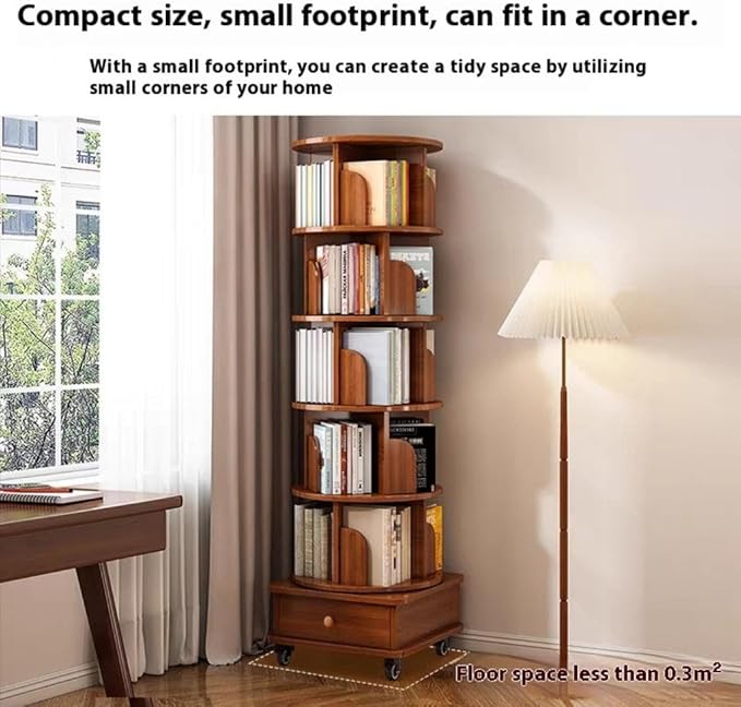 Rotating 360° Corner Bookshelf, 6-Tier Wood Bookcase with Wheels, Space-Saving Narrow Organizer for Bedroom, Living Room, and Study, Walnut Brown