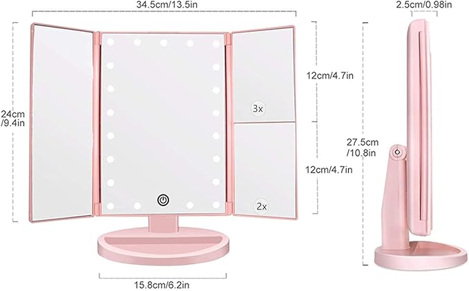 Tri-fold Lighted Vanity Makeup Mirror with 3x/2x Magnification,21 LED Lights and Touch Screen,180 Degrees Free Rotation Countertop Cosmetic Mirror,Travel(Pink)