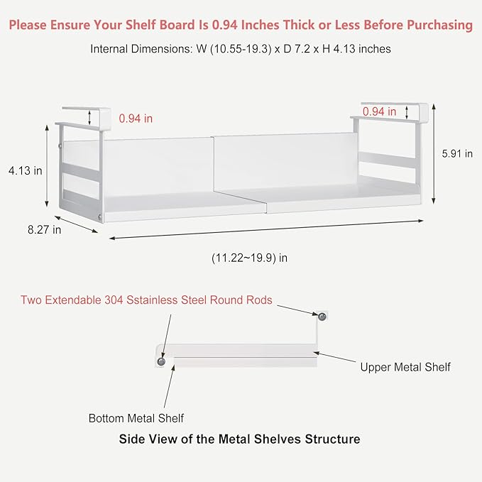 Expandable Under Cabinet Shelf Organizer with 0.94-Inch Thick Clips, Heavy Duty Extendable Under Shelf Storage Basket for Pantry or Laundry Room, White, 2 Pack, Interior: 4.13" H x 7.2" D