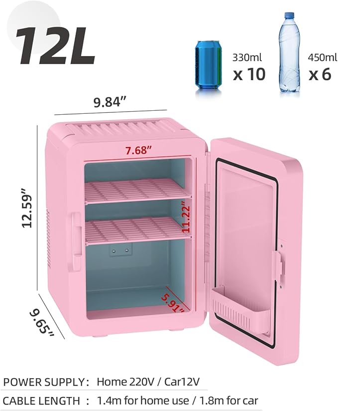 12L Skincare Fridge with Mirror & LED Lighting, 3-Mode Dimmable, Cooler & Warmer for Makeup, Cosmetic, Beauty, Portable Mini Beauty Fridge for Bedroom, Vanity, Car & Home Use
