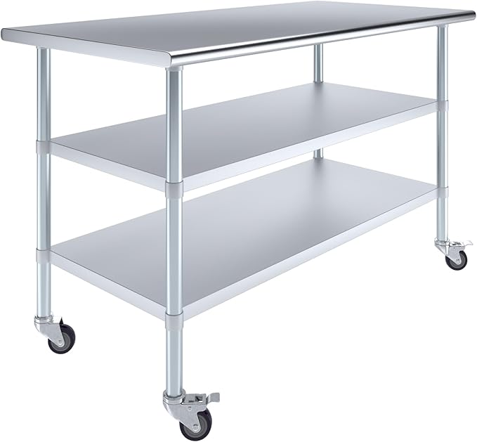 AmGood Stainless Steel Work Table with 2 Shelves and Casters | Metal Utility Table On Wheels (Stainless Steel Work Table with 2 Shelves + Casters, 60" Long x 30" Deep)