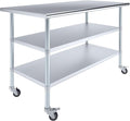 AmGood Stainless Steel Work Table with 2 Shelves and Casters | Metal Utility Table On Wheels (Stainless Steel Work Table with 2 Shelves + Casters, 60" Long x 30" Deep)
