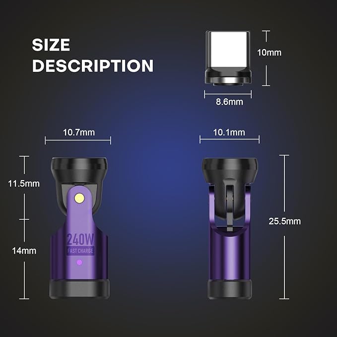 Magnetic USB C 90 Degree Adapter 240W, Can Be Type-C Cord Into Right Angle Magnetic USB C Charging Cable, Magnet Charger USBC Adapter 180&360 OTG Tips for Phone 17/16 Tablet(2 Pack Purple)