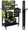 Lumizone Rolling Tool Cart with Wheels and Pegboard Hooks Folding Utility Service Cart for Garage Organizer Storage Foldable Power Tool Organization on Wheels Heavy Duty Frame (Tool Cart+Hooks)