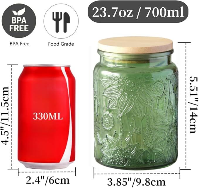 ANSQU Set of 2 Glass Jars with Lids, 23.7 FL OZ Vintage Glass Storage Jars, Cookie Jar Sugar Container for Kitchen Counter, Pantry, Candy Jar with Lid (Green, 2Pack)