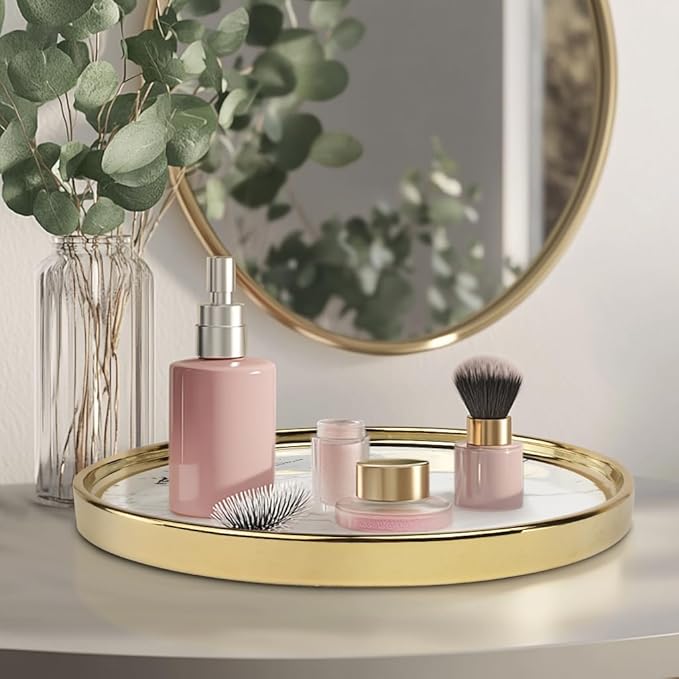 Vanity Perfume Round Decorative Storage Tray - White Circular Organizer for Bathroom, Bedroom Countertop - Dresser Tray for Perfume, Lotion Bottle, Cosmetics